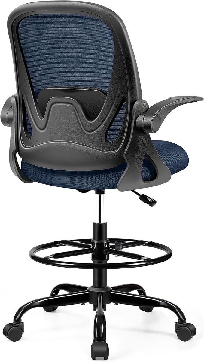 Drafting Chair Tall Office Chair with Flip-up Armrests, Adjustable Height, Enhanced Lumbar Support Ergonomic Rolling Stool, Back Support, Adjustable Foot Rest Ring for Standing Desk Navy - Image 8