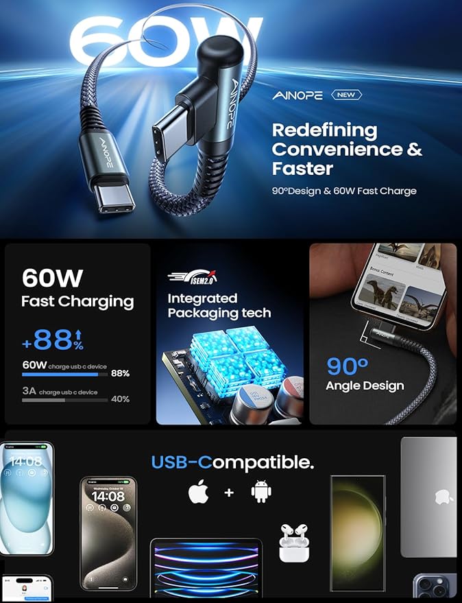 AINOPE Right Angle USB C to USB C Cable 17 3.3FT 60W 2 Pack USBC to USBC for iPhone 16 Pro Max Car Charger Cord Fast Charging Compatible with iPhone 16 15 Samsung A17 iPad Pro Android Phone Accesories - Image 3