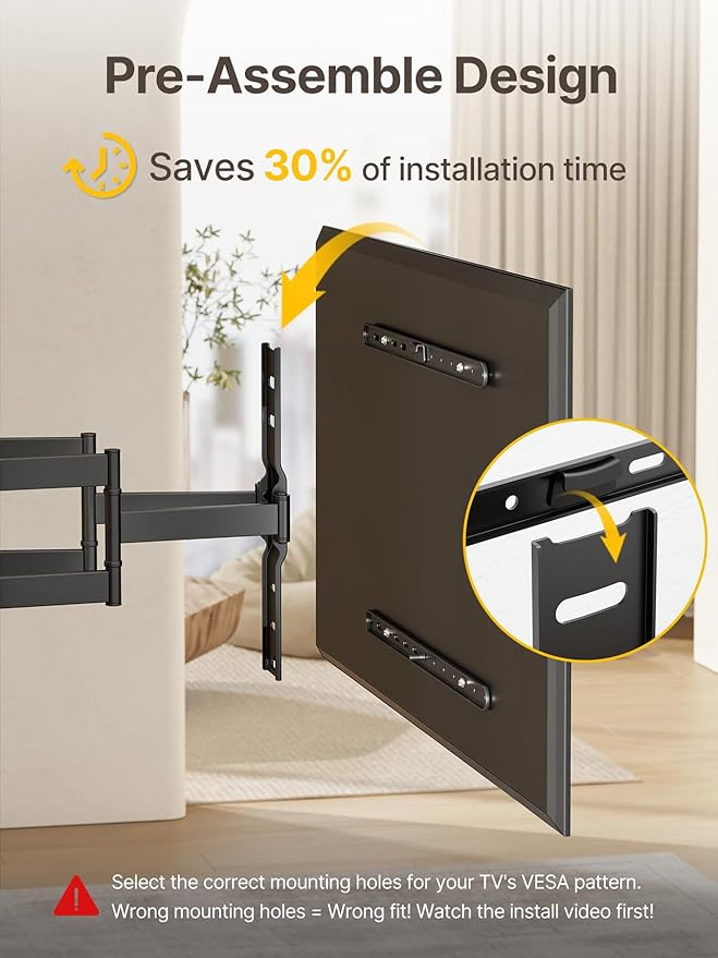 monTEK 1.1-Inch Ultra Slim Full Motion TV Wall Mount for 37-75 Inch TVs | Low-profile mount holds 132 lb, 16.5 in reach, +/-60° swivel; 4X load tested, preassembled, VESA 400x400mm, 16/18 in studs - Image 5