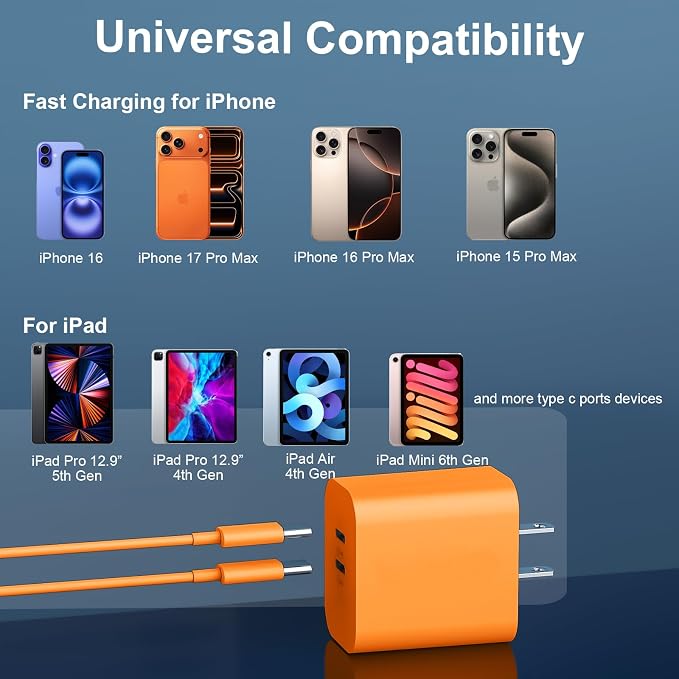 20W Dual Port USB C Charger Block for iPhone 17 16 15 Pro Max Charger Fast Charging with 10FT Long USB C to C Charging Cable Cord for iPhone 17 16 15 Pro Max/17 16 15Pro/15, Android Phone-Orange - Image 4