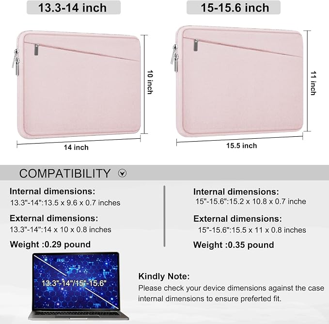 15.6 inch Laptop Sleeve Case, Durable Computer Carrying Bag Protective Case Briefcase Handbag with Front Pocket, Slim Laptop Cover for 15.6 Inch HP, Dell, Lenovo, Asus, Notebook, Pink - Image 6