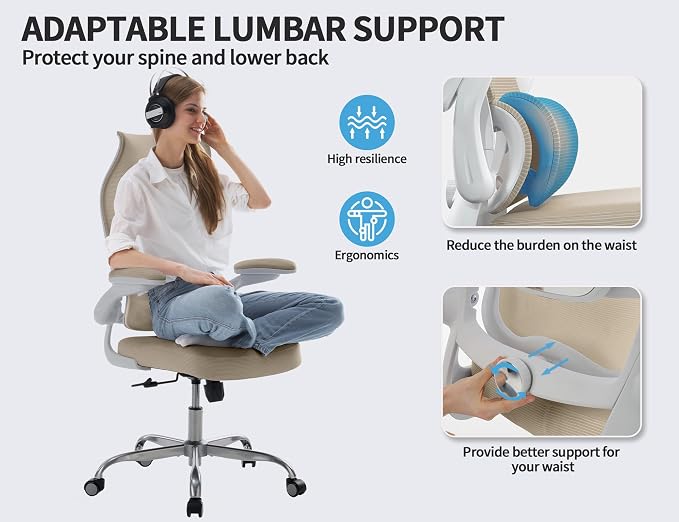 TRALT Office Chair Ergonomic Desk Chair - Gaming Chair with Lumbar Support | 330 LBS Home Office Desk Chairs , Reading Chair with Flip-up Armrests, Comfortable Computer Chairs (1, Beige) - Image 4