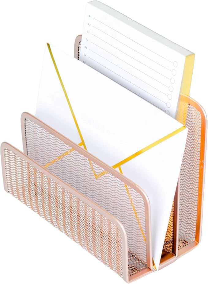 BLU MONACO Rose Gold Metal Mesh Letter Sorter | 3-Slot Vertical Mail Organizer for Desk, Office and Home | Compact Mail Holder for Envelopes, Documents and Files | Modern Desktop Organizer by Blu_Monaco