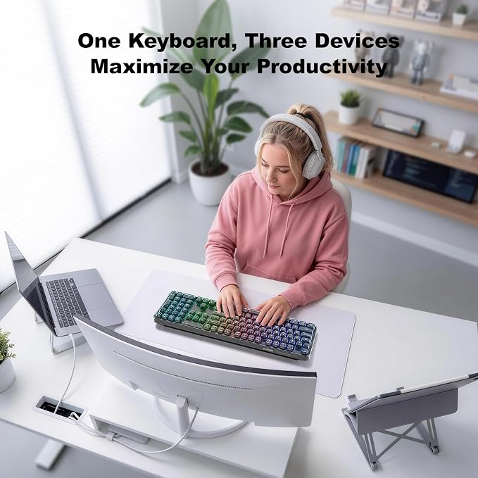 Clear Wireless Keyboard, Tri-Mode Bluetooth/2.4G Rechargeable Keyboard with RGB Backlit, Ergonomic Computer Keyboard with Transparent Keycaps for PC Laptop Desktop Home Office-Black Pearl - Image 9