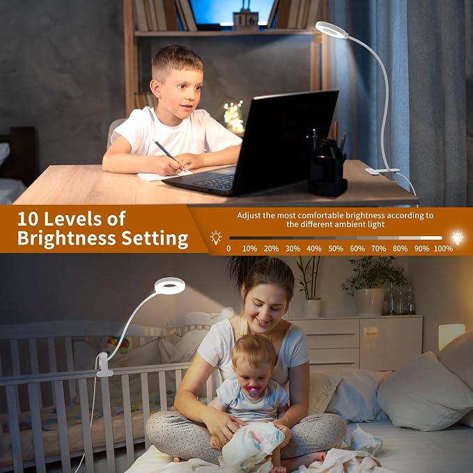 iZELL Reading Light, USB Clamp Lamp for Child Reading Book in Bed at Night, LED Small Desk Lamp with Silicone Adjustable Arm Clip on Beside Table for Studying Working Drafting Sewing - 15.8‘’ White - Image 3