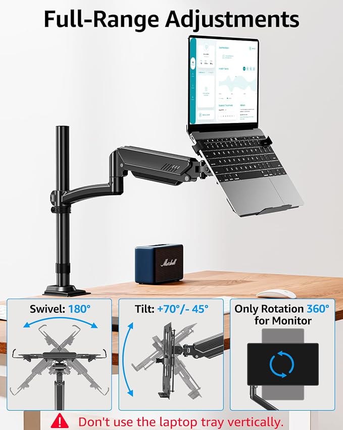 MOUNTUP Laptop Desk Mount, Adjustable Laptop Stand for max 17" Notebook or 32" Monitor, Laptops Arm Mount for Desk Holds 4.4-22lbs, Tall Laptops Stand with Clamp/Grommet - Image 4