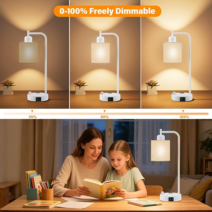 Industrial Table Lamps with Linen Shade, Set of 2 Fully Dimmable Bedside Lamps with USB A+C Ports and Outlet, White Nightstand Desk Lamps for Bedrooms Living Room Office, 2 LED Bulbs Included - Image 2