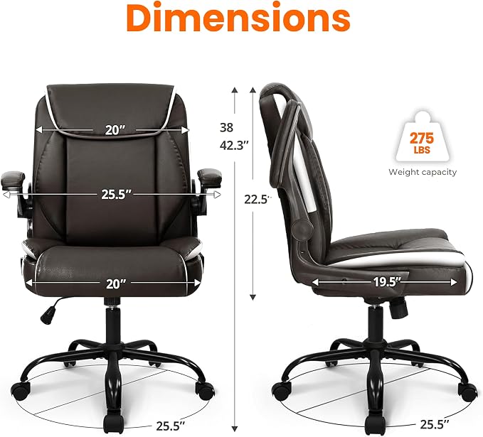 NEO CHAIR PU Leather Office Desk Chair with Adjustable Arms, Brown | Ergonomic Mid Back Computer Desk Chair Comfy with Wheels Swivel Rolling for Home Office Gaming Study - Image 3