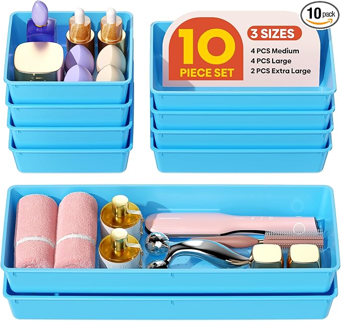 10 Pack Large Size Plastic Drawer Organizers Set, 3 Sizes Desk Drawer Organizer Trays, Storage Bins for Vanity, Makeup, Bathroom, Kitchen Utensils and Office (Blue) by Unknown