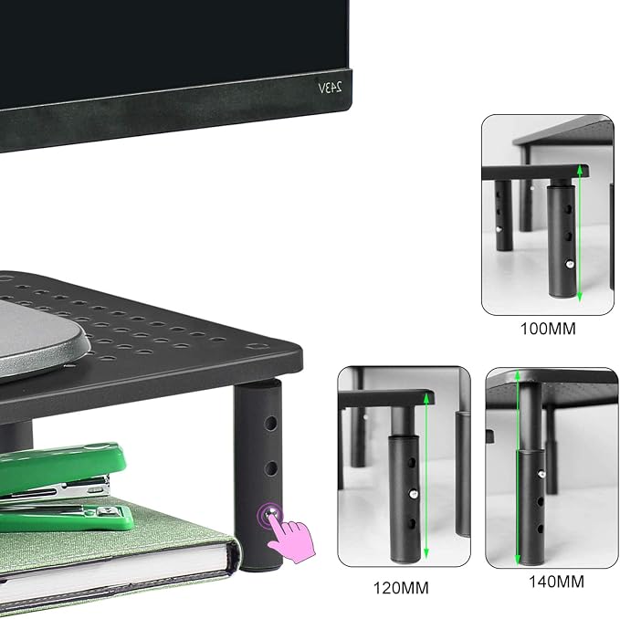 Monitor Stand Riser,3 Level Height Adjustable Desktop monitor stand for Computer, Laptop, Printer, Notebook with Vented Metal Platform 370X235MM 2 Packs,Black - Image 6