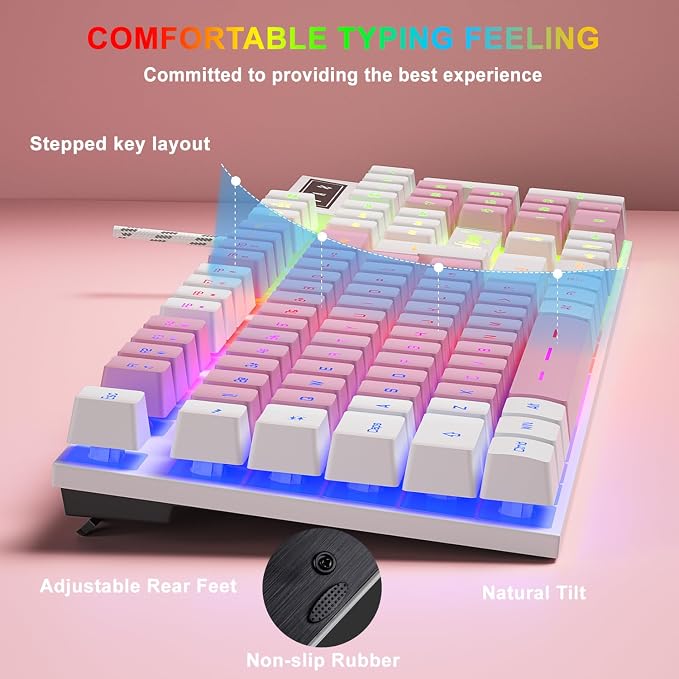 BlueFinger RGB Gaming Keyboard and Backlit Mouse Combo, USB Wired, LED Gaming Set for Laptop PC Computer Game and Work (White & Pink) - Image 3