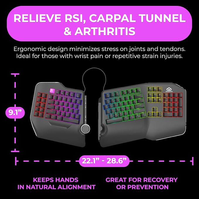 Cloud Nine C989M Ergonomic Mechanical Keyboard for PC - Kailh Tactile Brown Switches - RGB Light Up LED Backlit with USB - Ergo Split Key Board with Macro - Image 5