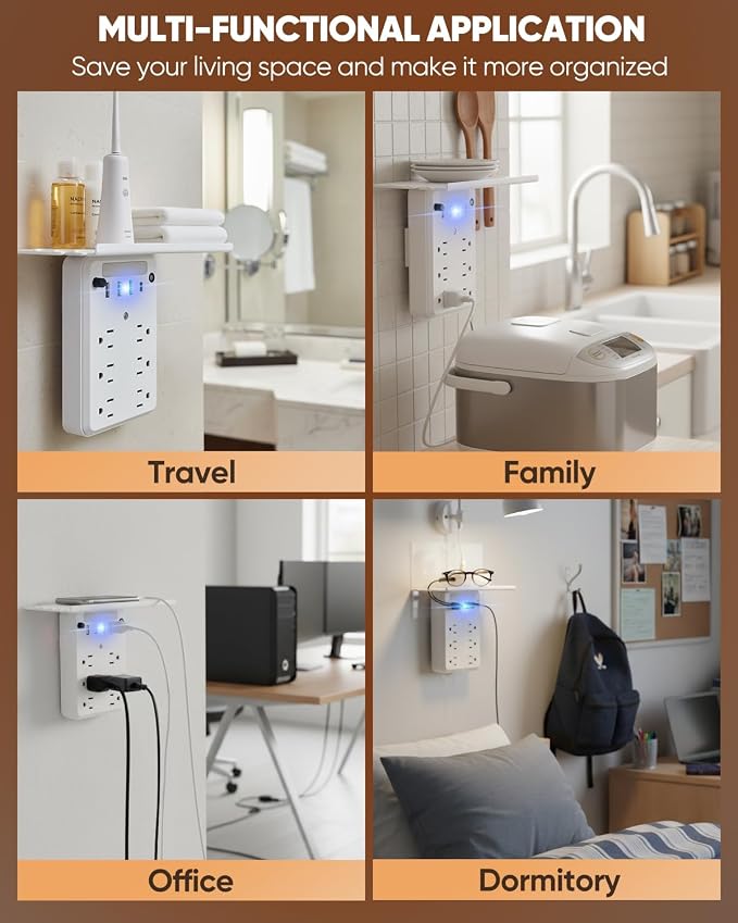 Saker Outlet Extender with Night Light, 6 AC, 4 USB, Surge Protector | 6 AC Outlets + 4 USB Ports, Built-In Night Light, Surge Protection, Convenient Outlet Shelf, 1 USB-C Fast Charging Port - Image 5