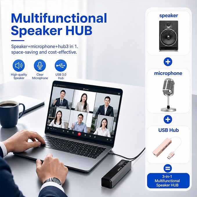 3 in 1 USB Computer Speakers with Microphone, Wired Desktop Sound Bar for PC Laptop, Stereo Bass & 360° Enhanced Audio, Conference Speaker for Home Office, Online Learning, Gaming & Video Calls - Image 2