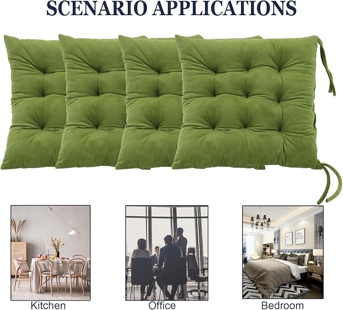 Set of 4 Chair Cushions for Dining Chairs with Ties, Indoor Non-Slip Kitchen Chair Pad and Dining Room Seat Cushion Mat for Office Living Room Outdoor 15.5" - Green - Image 5