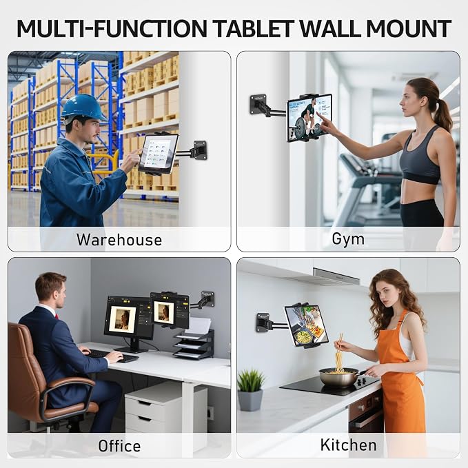 Tablet Wall Mount Holder for iPad, 4.7-15.6" | 360° Rotation Adjustable, Aluminum Extendable Arm, iPad mini/Air/Pro/Galaxy Tab/Kindle, Kitchen Home Office - Image 3