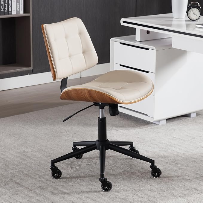 Home Office Desk Chair with Rubber Wheels, Armless Bentwood, Beige | Adjustable Height Armless Office Chair, PU Leather Mid Back 360°Small Computer Chair, No Arms Walnut Seating, 300LBS Support - Image 4