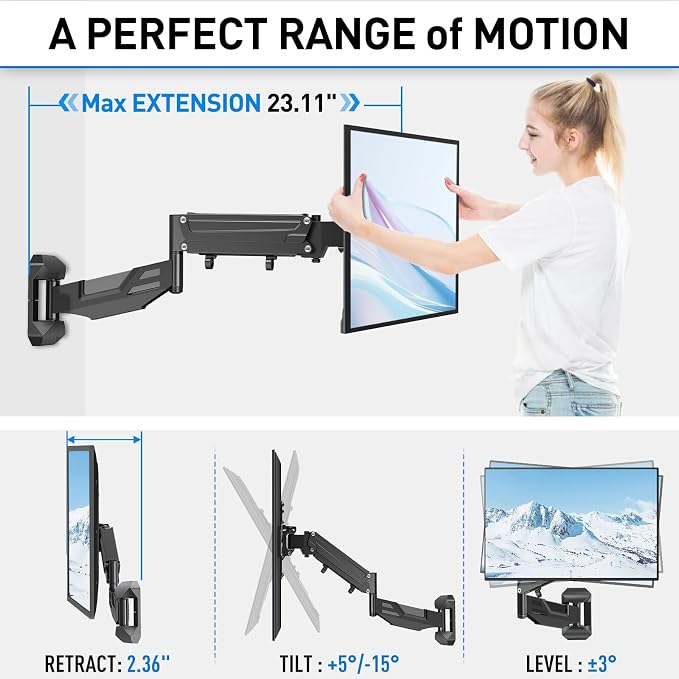 MOUNTUP Height Adjustable TV Wall Mount for 26-55 Inch TVs, Spring Arm Full Motion Articulating TV Bracket Mount with Smooth Swivel Tilt & Safe Corner Installation, 400x400mm VESA, 11-66 lbs - Image 7