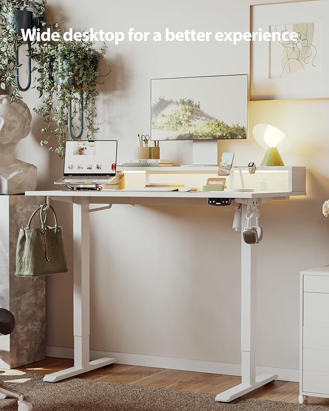 Agilestic 48 * 24 Inch Electric Standing Desk with Shelf & Led, White | Electric Height Adjustable, Outlets&Led, Monitor Stand, Sturdy Steel Frame, Memory Presets, Hooks, 154 lbs, Splice Board - Image 2