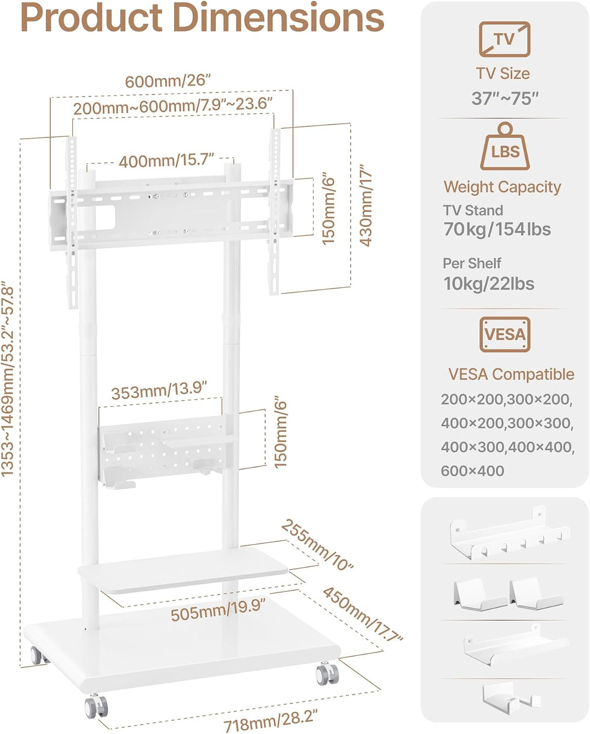 Heavy-Duty Rolling TV Stand for 37–75″TVs up to 154lbs,White - Image 9