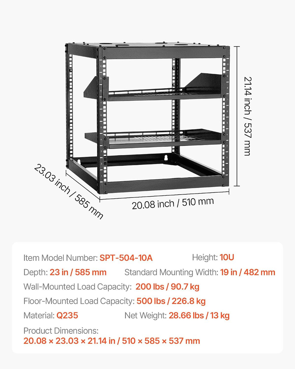 VEVOR 10U Open Frame Network Rack Server Rack, Wall Mounted or Floor Stand - Image 7