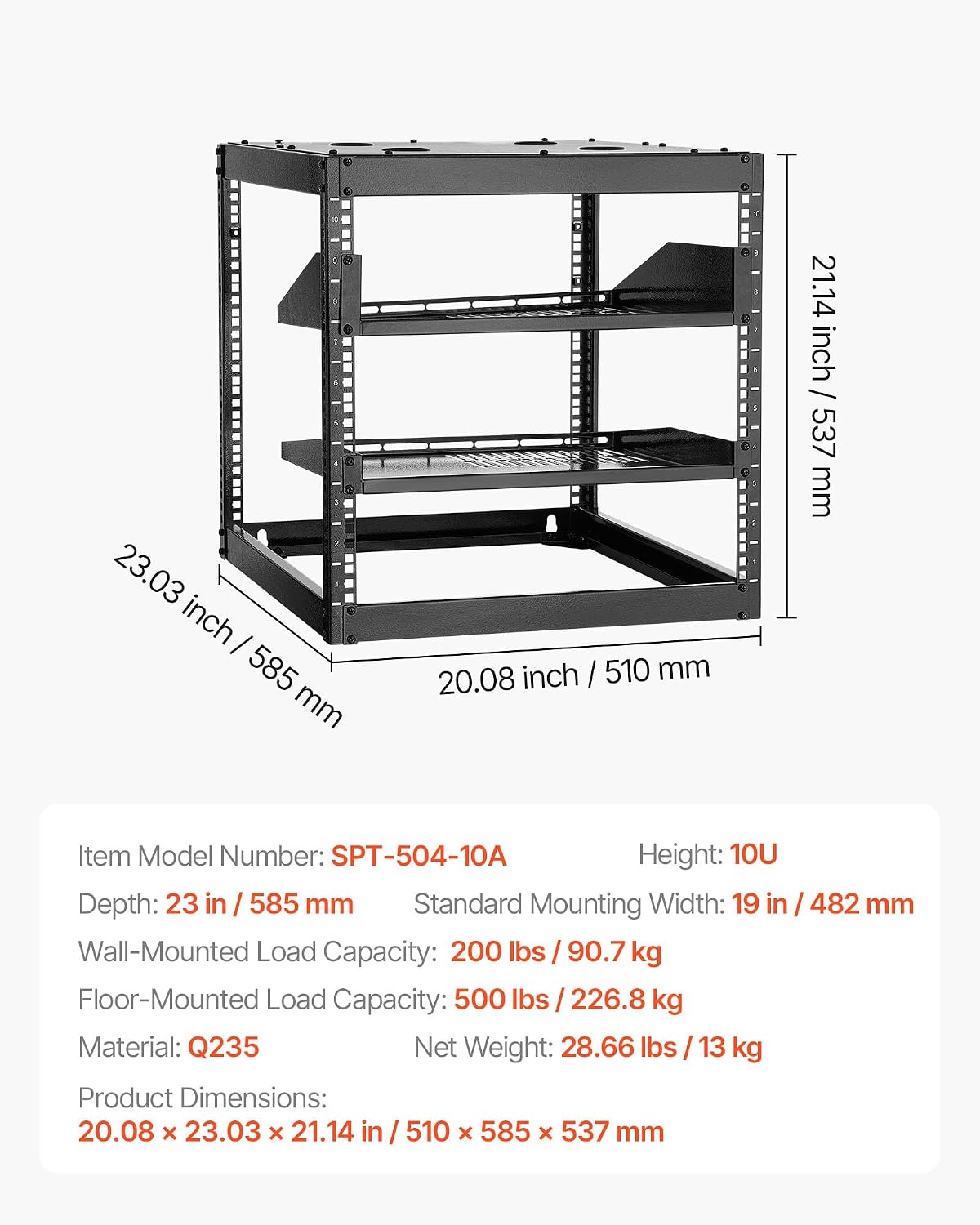 VEVOR 10U Open Frame Network Rack Server Rack, Wall Mounted or Floor Stand - Image 7