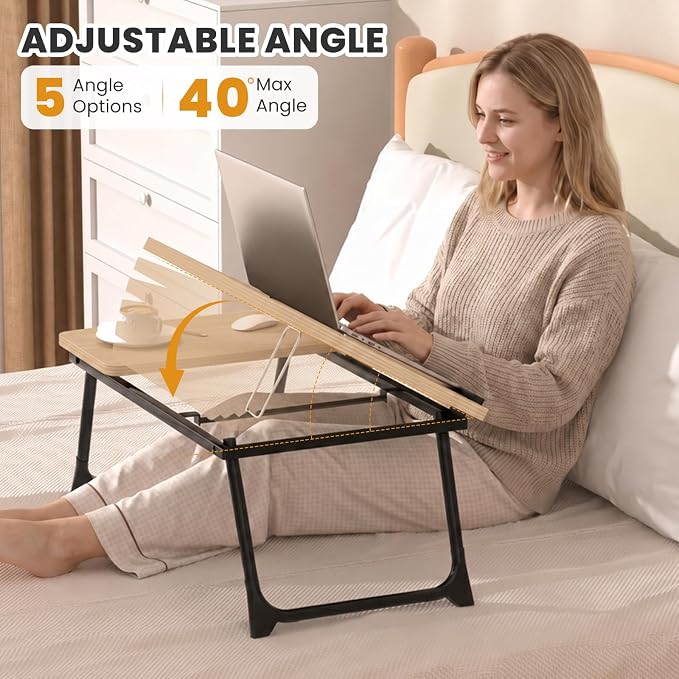 Laptop Bed Desk, 5-Angle Adjustable Bed Laptop Table with Cup Holder | Foldable Laptop Stand for Couch & Sofa, Portable Laptop Tray for Adults Writing Reading Eating, Walnut - Image 3