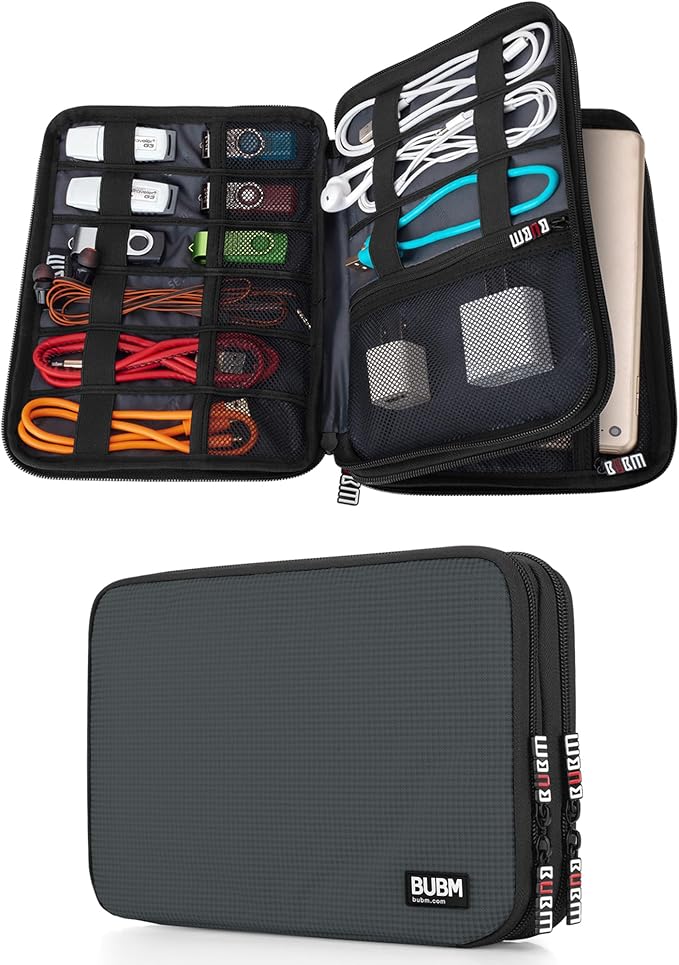 BUBM Double Layer Electronic Accessories Organizer, Travel Gear Bag for Cables, USB Flash Drive, Plug and More, Perfect Size Fits for iPad mini (Medium, Gray) | Travel Gadget Bag for Cables, USB Flash Drive, Plug and More, Perfect Size Fits for iPad Mini by BUBM