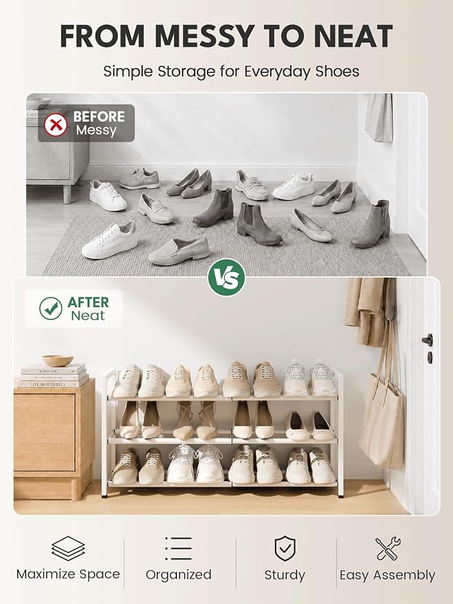 Bumusty 3 Tier Expandable Shoe Rack for Closet, White | 18"-33" Adjustable Shoe Rack for Entryway, Small Shoe Organizer for Dorm, Front Door, Sturdy Metal - Image 7