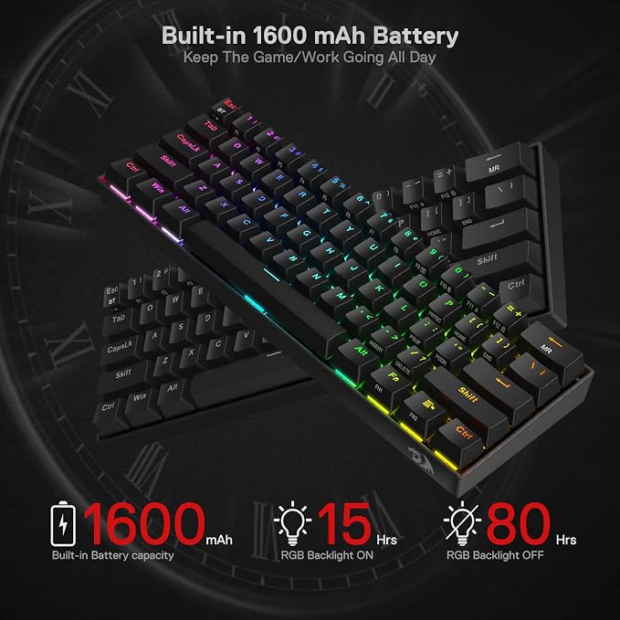 Redragon K530 Pro Draconic 60% Wireless RGB Mechanical Keyboard, BT/2.4Ghz/Wired 3-Mode 61 Keys Compact Gaming Keyboard w/Hot-Swap Socket, Free-Mod Plate Mounted PCB & Tactile Brown Switch - Image 7