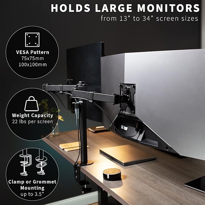 VIVO Full Motion Dual Monitor Desk Mount Clamp Stand VESA, Double Center Arm Joint, Holds 2 Screens up to 34 inches, STAND-V102D - Image 3