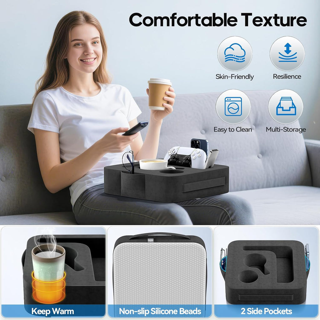 Couch Cup Holder Pillow, Sofa and Bed Organizer Caddy for iPad, Kindle, Switch, Game Controller, Remotes, Phones, Small-Sized Cup & Drink Holder for Couch, Bed, Desk, Car, Beach, Desk, Black - Image 5