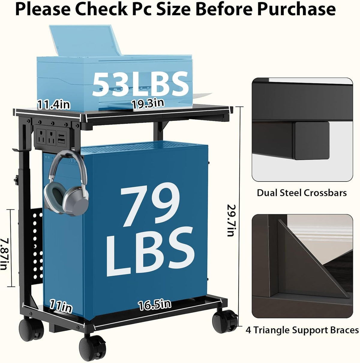 Adjustable Computer Tower Stand with Charging Station & Pegboard,Black - Image 3