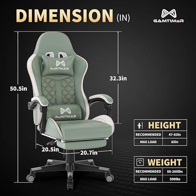 Gamtimer Gaming Chair, 400 LB Weight Capacity,with Pocket Spring Cushion | Ergonomic Backrest Office Chair,Leather, with Headrest and Lumbar Support, Footrest, Suitable for Adults(Green) - Image 3