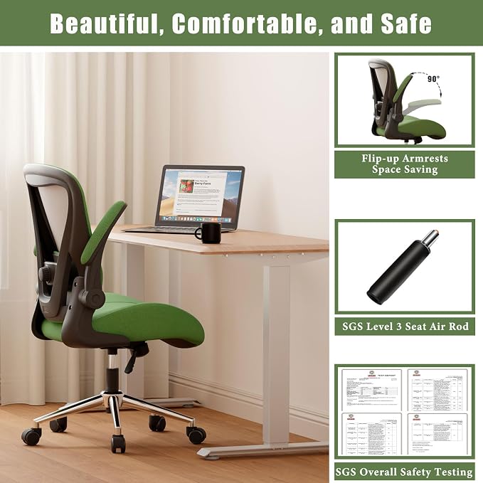 Green Ergonomic Office Desk Chair, Soft Fabric Thickened Curved seat Cushion with Adjustable Lumbar Support, Perfect Blend of Comfort and Good Looks, Ideal Chair for Home or Office, Green - Image 5