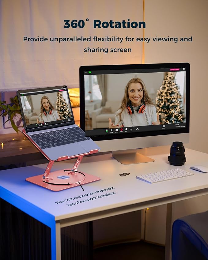 Aoviho 360° Rotating Laptop Stand for Desk | Adjustable, Foldable, Portable Aluminum Ergonomic Riser | Compatible with MacBook, Dell, HP & All Laptops 10-16 inch | Rose Gold - Image 2