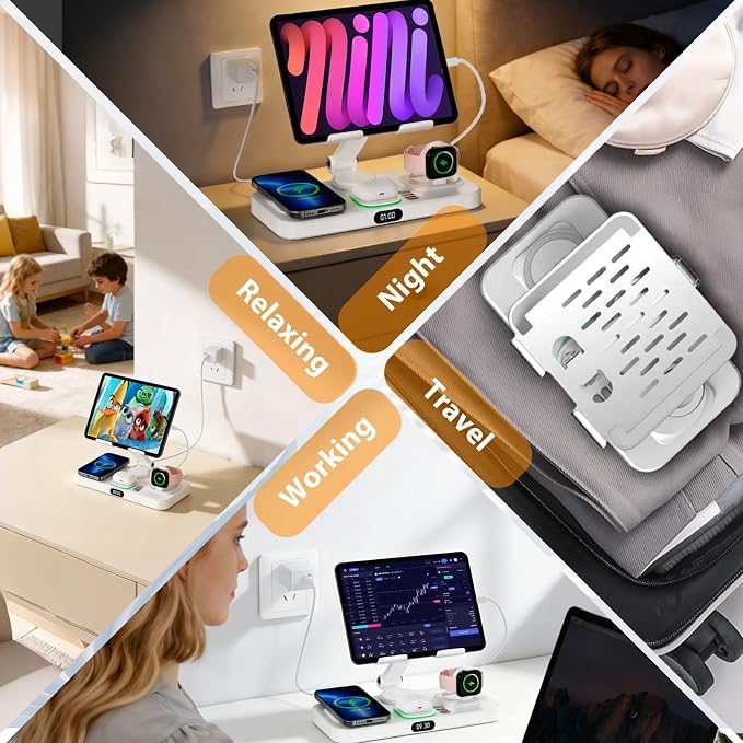 Wireless Charging Station for Apple Devices, Only for Apple Watch Charging | Included Type-C Cable for Tablet Charging, Foldable Wireless Charging Station, 7 Cycling Ambient Lights, Time Clock Display - Image 7