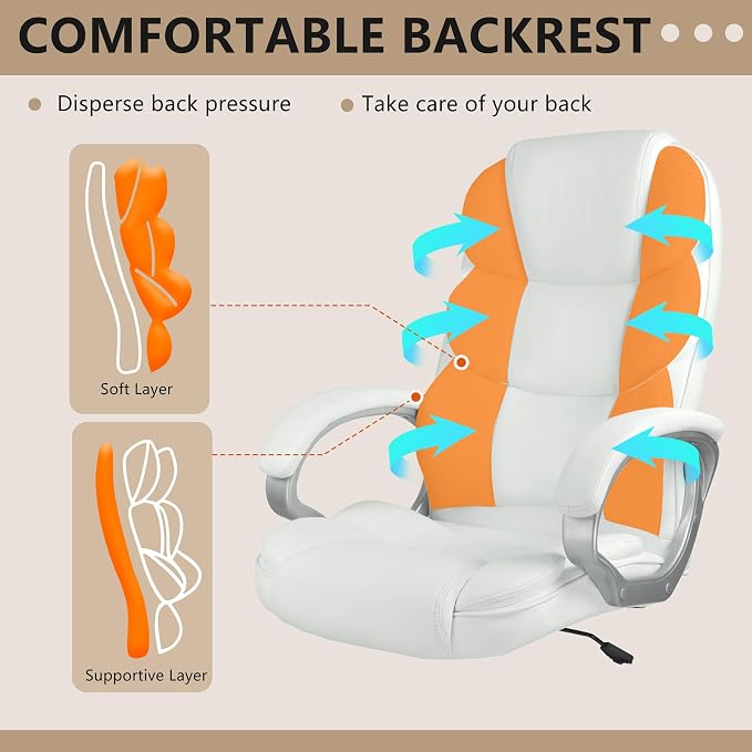 FDW Office Chair Computer High Back Adjustable Ergonomic Desk Chair Executive PU Leather Swivel Task Chair with Armrests Lumbar Support (Beige) - Image 7