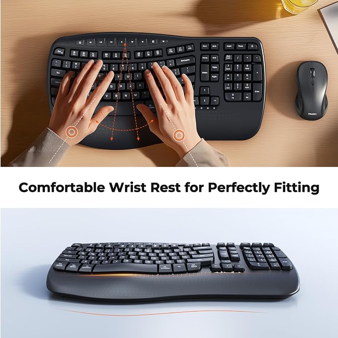MEETION Ergonomic Wireless Keyboard and Mouse Combo with Wave Keys | Natural wave keys, hard wrist rest, 2.4G USB receiver, full-size layout, 4 DPI optical mouse, for Windows, Mac, desktop PC - Image 3