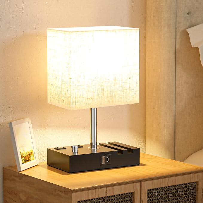 Beige Bedside Table Lamps Set of 2 - Dimmable, USB C+A, 2 AC Outlets | Dimming By Rotary Knob, USB C+A Ports, 2 Phone Stands, LED Bulbs Included, Rectangle Beige Lampshade, for Living Room, Desk - Image 5