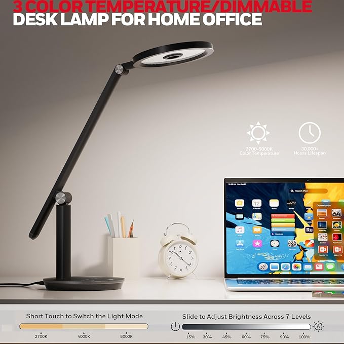 Honeywell H6 Desk Lamp for Home Office, Dimmable Reading Table Light, Black | Sunturalux CRI≥97, RG0 Low Blue Light, Flicker-Free, 800LM Dimmable with Timer for Webcam, Study, Office & Bedroom - Image 3