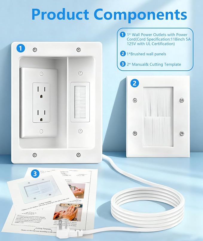 in-Wall TV Cable Management Kit, Dual Outlet Cord Hider for Wall Mounted TV with Data Jacks - Image 5
