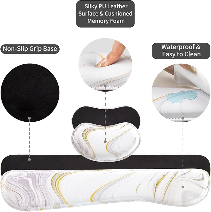 QIYI PU Leather Desk Mat Set, 4-in-1 Ergonomic Wrist Rest, White Marble | Waterproof Large Mouse Pad 31.5×15.7 + Keyboard Wrist Rest + Mouse Wrist Support+Coaster, Non-Slip Office Gaming Accessories - Image 6