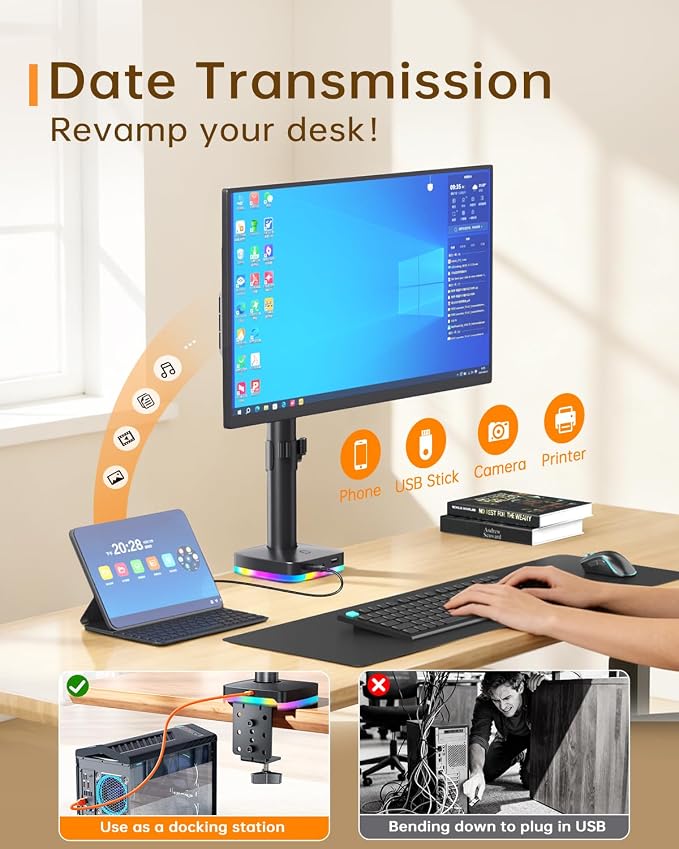 Afaloona RGB Monitor Stand with USB Hub for 13-27" Monitors, up to 17.6 lbs | Single monitor mount with 1 USB-C and 2 USB-A ports supports charging and data transfer for gaming desks and workstations - Image 2