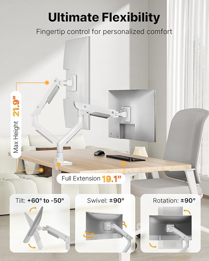monTEK Heavy-Duty Monitor Arm for 17-57" Ultrawide, 59.4 lbs, White | Pneumatic lift, quick-release VESA 75/100 plate, full motion, clamp/grommet bases and hidden cable routing - Image 6