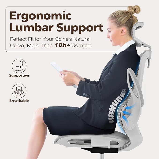 Ergonomic Mesh Office Chair- White Desk Chair, Flip-Up Armrest, Adjustable Headrest, Tilting with Soft Seat and PU Wheel, Elite Home Desk Chair for Work, Study, Gaming (GY1108) - Image 4