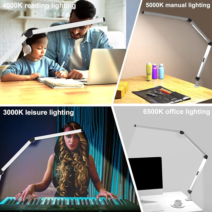 LED Desk Lamp with Clamp, Dual Light Table Lamp with Adjustable Swing Arm, Eye-Care 4 CCT Modes & 5 Brightness Levels Clip-on Architect Modern Desk Light for Home Office Crafting Sewing - Image 6