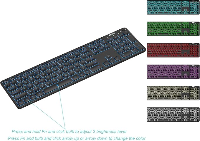 Arteck Universal Backlit 7-Colors & Adjustable Brightness Multi-Device Full Size Wireless Bluetooth Keyboard for Windows, iOS, iPad OS, Android, Computer Desktop Laptop Surface Tablet Smartphone - Image 6