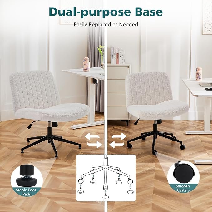 OLIXIS Criss Cross Chair with Wheels, Vanity Chair, Home Office Desk | Wide Seat Armless, Faux Leather, Height Adjustable Swivel Rolling, Home Computer Task Seating for Bedroom Study, Brown PU - Image 6