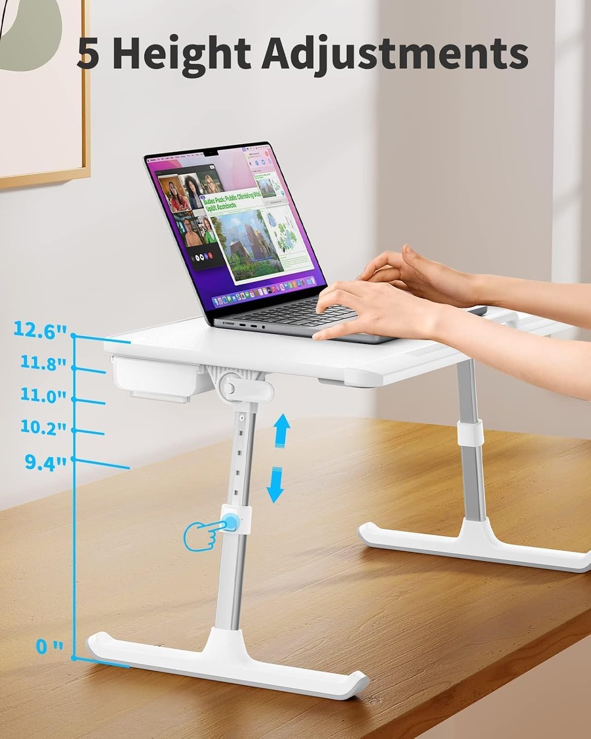 SAIJI Laptop Bed Tray Table, Adjustable PVC Leather Laptop Bed Table, Portable Standing Desk with Storage Drawer, Foldable Lap Tablet Table for Sofa Couch Floor (Large,White) - Image 4